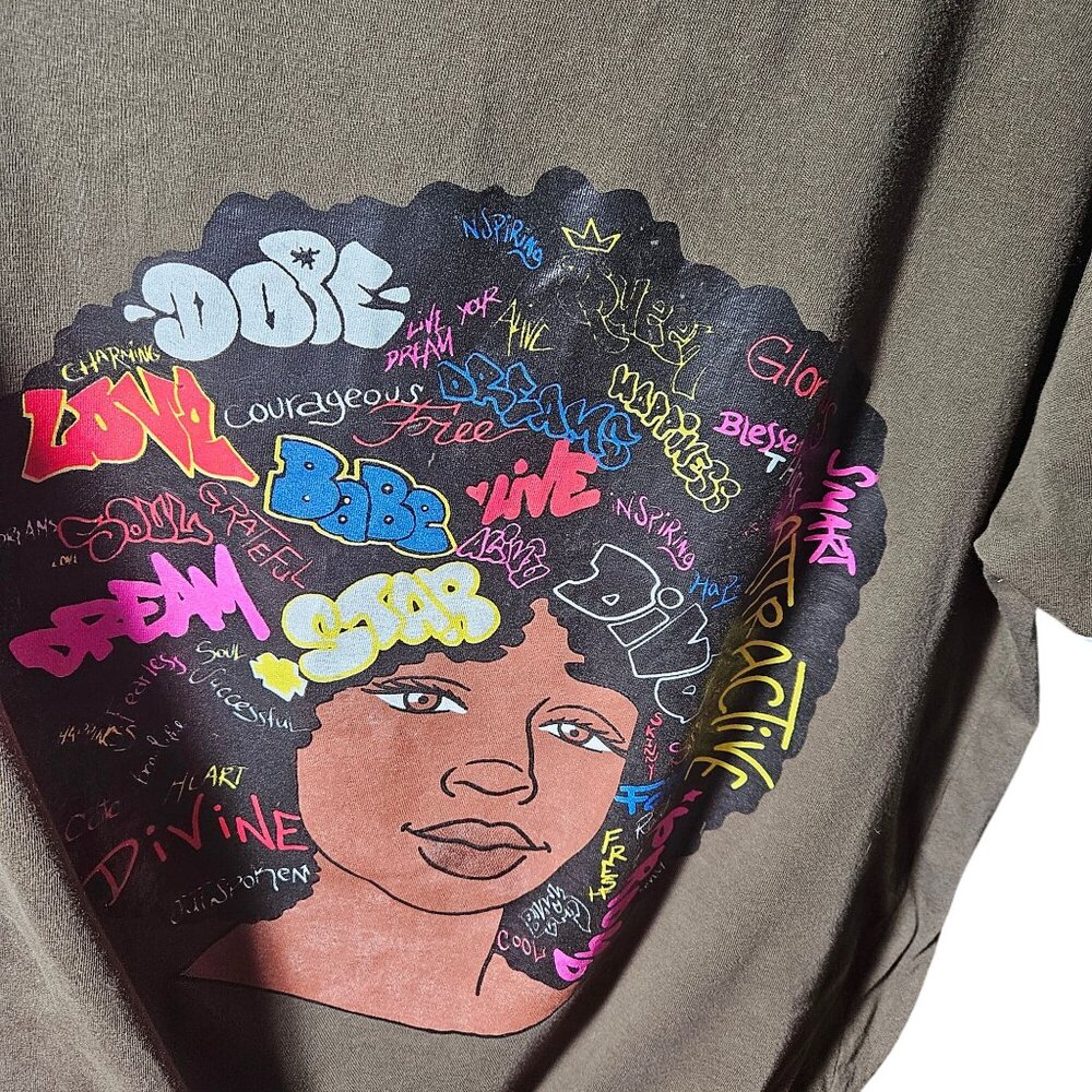 Brown Graphic Cotton T-Shirt With Afro Art & Empowering Words By On Fire 1X Size - Picture 3 of 4